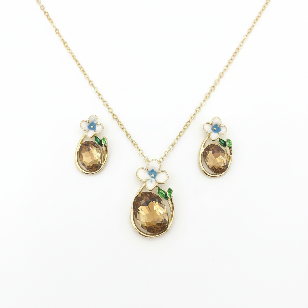 Floral Champagne Crystal Necklace & Earring Set