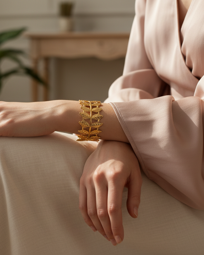 Model wearing gold leaf wreath cuff bracelet