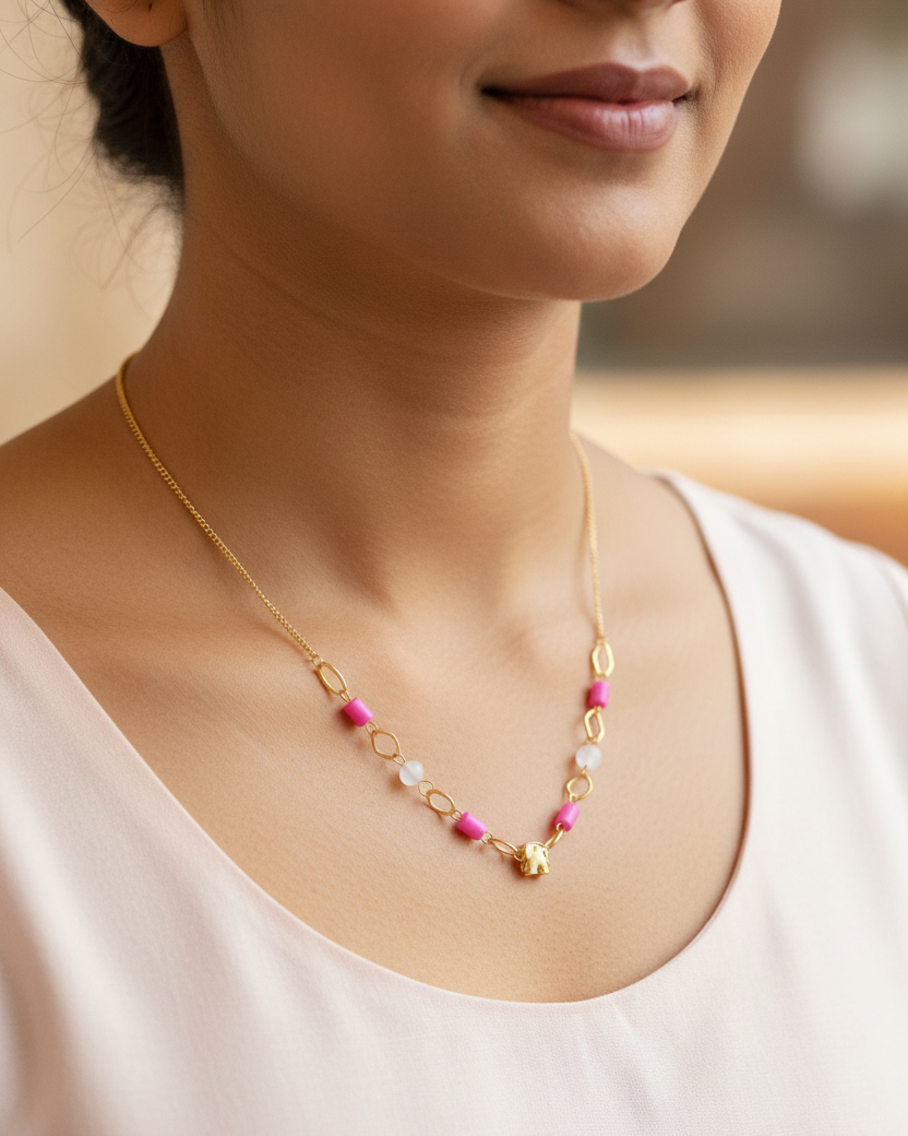 Pink Beaded Elephant Charm Necklace | Gold Chain with Colourful Beads