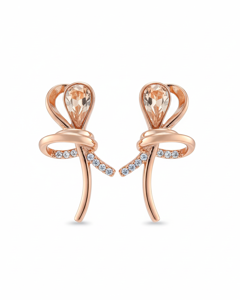 Rose gold flower earrings with champagne stones - enhanced product image