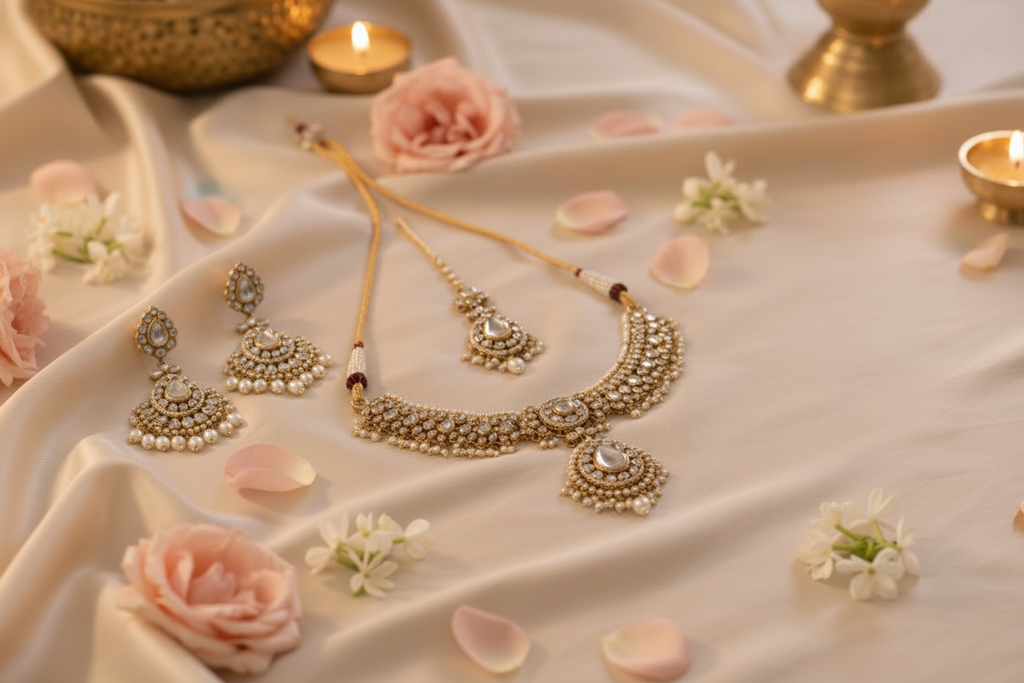 Gold Kundan Bridal Choker Necklace Set with Earrings & Maang Tikka