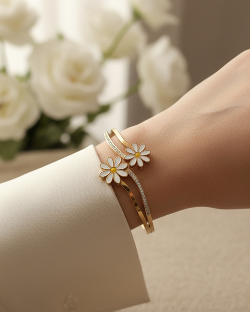 Model wearing daisy flower diamond cuff bracelet