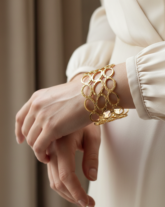 Model wearing gold openwork lattice cuff bracelet