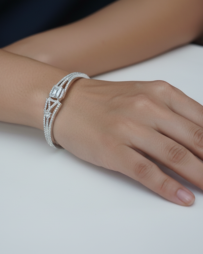Silver pavé crystal baguette bangle bracelet lifestyle shot worn on wrist