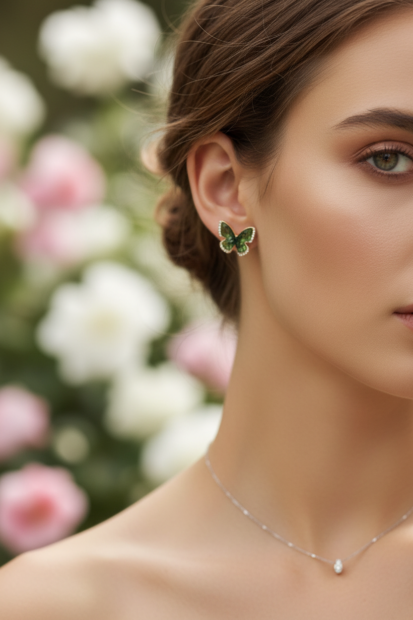 Green Crystal Butterfly Stud Earrings