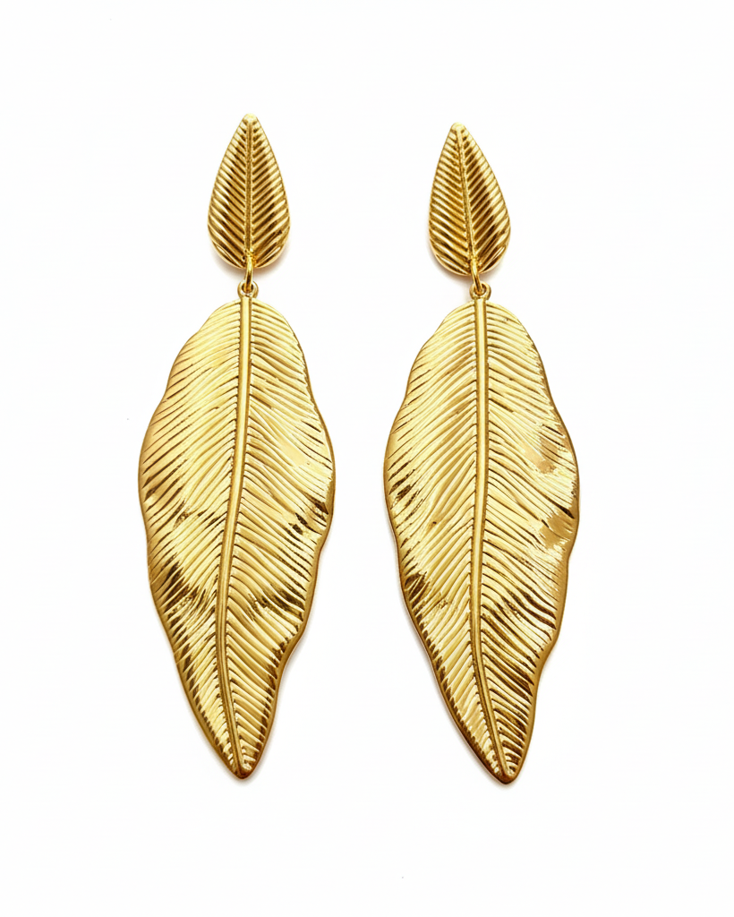 Gold feather drop earrings with botanical leaf design - enhanced product image