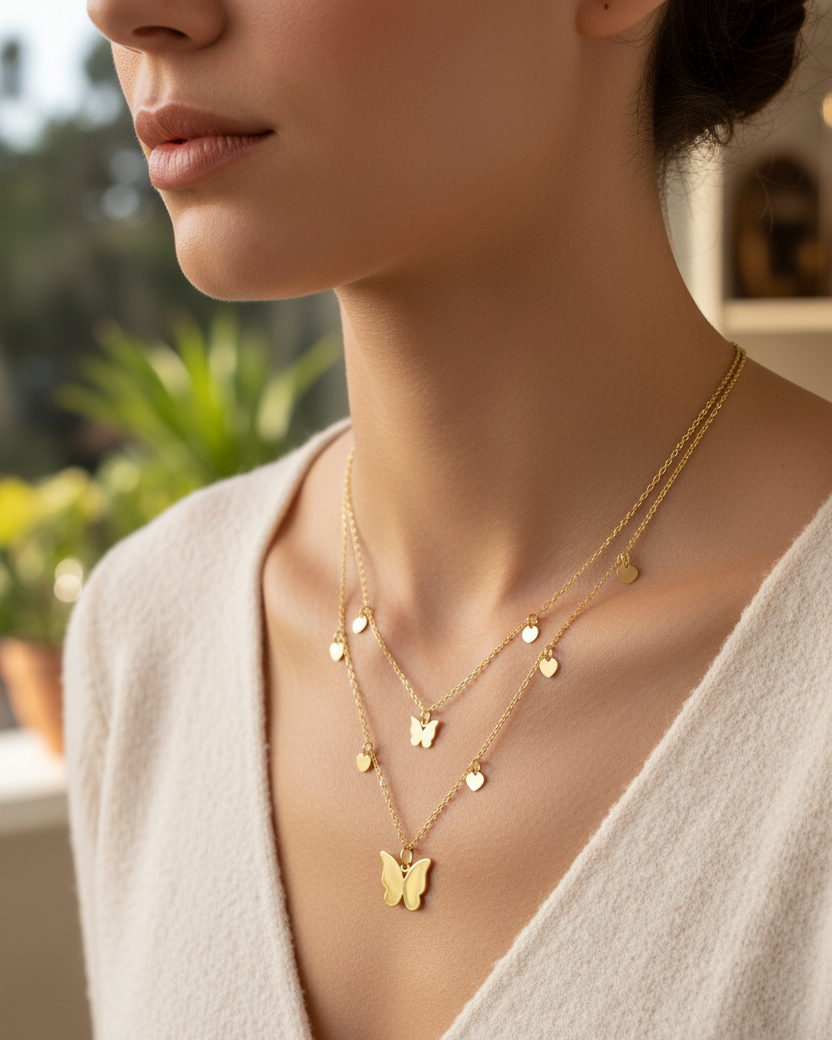 Golden Butterfly Two-Layer Chain Necklace Set