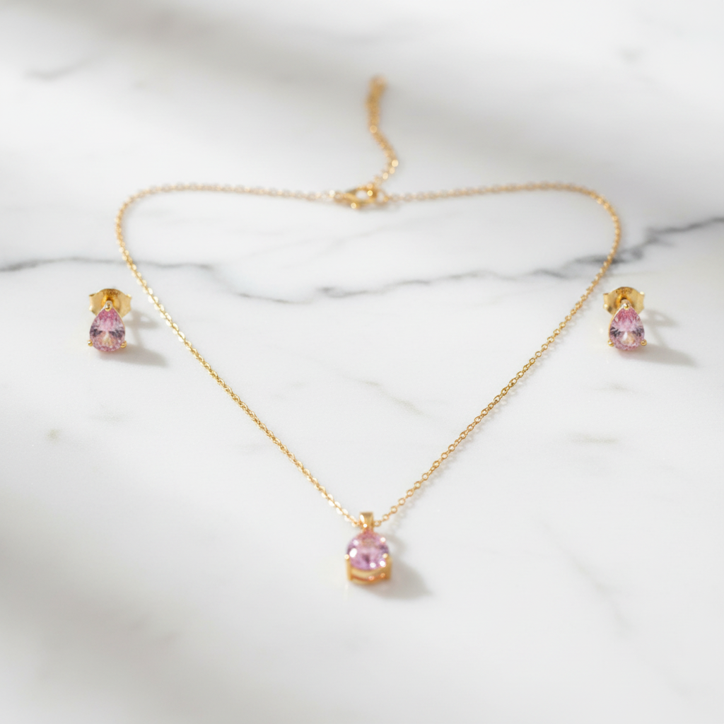 Pink Teardrop American Diamond Necklace & Earring Set