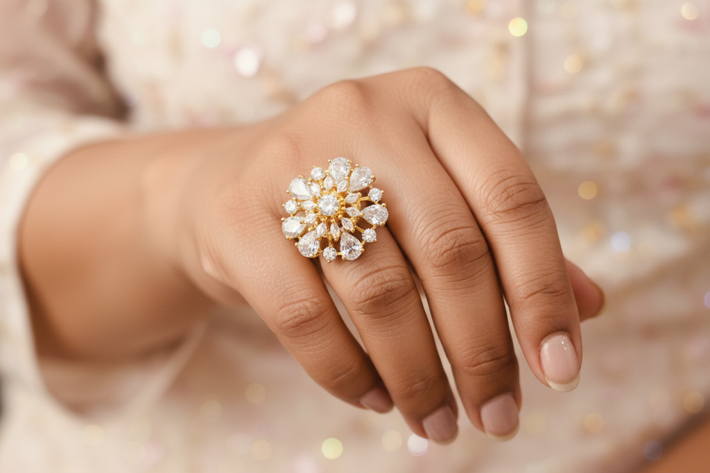 Gold American diamond sunburst cluster cocktail ring lifestyle shot