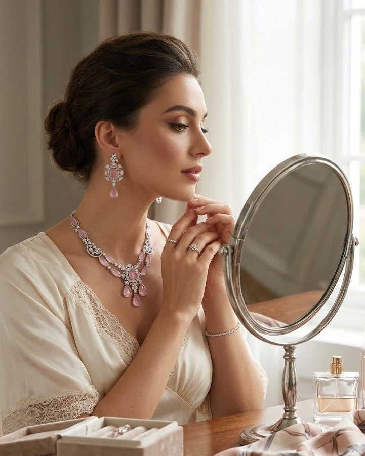 Pink Cat-Eye American Diamond Necklace & Earrings Set