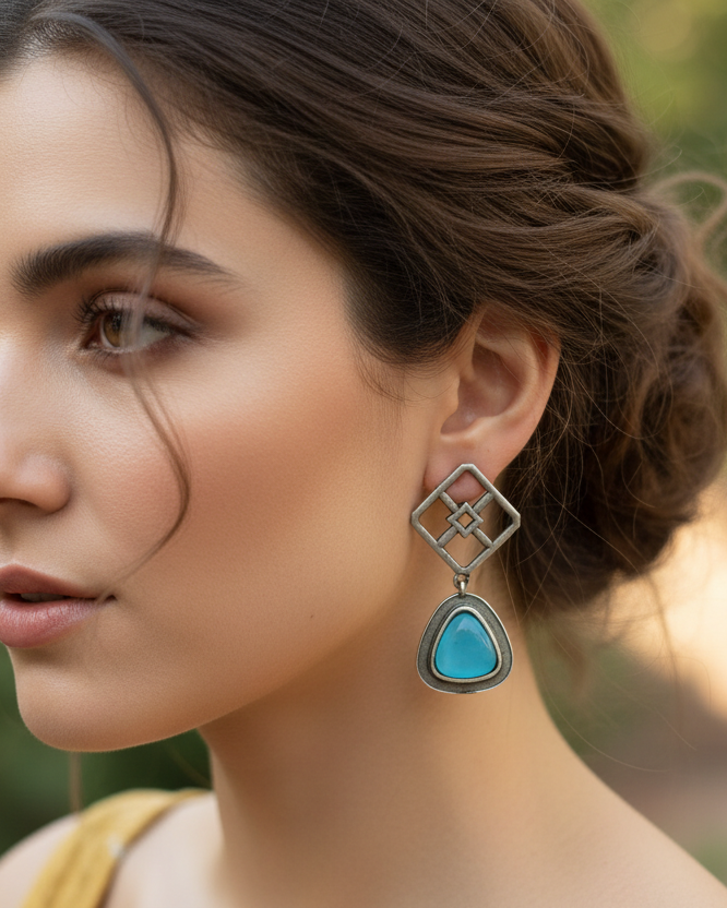 Lifestyle Image - Geometric Turquoise Earrings