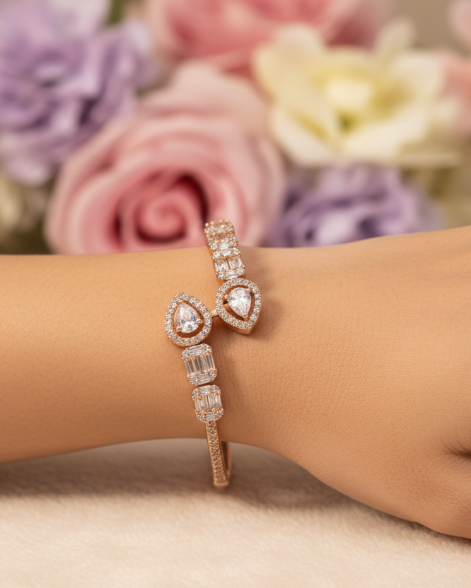 Rose Gold American Diamond Double Heart Bangle Bracelet