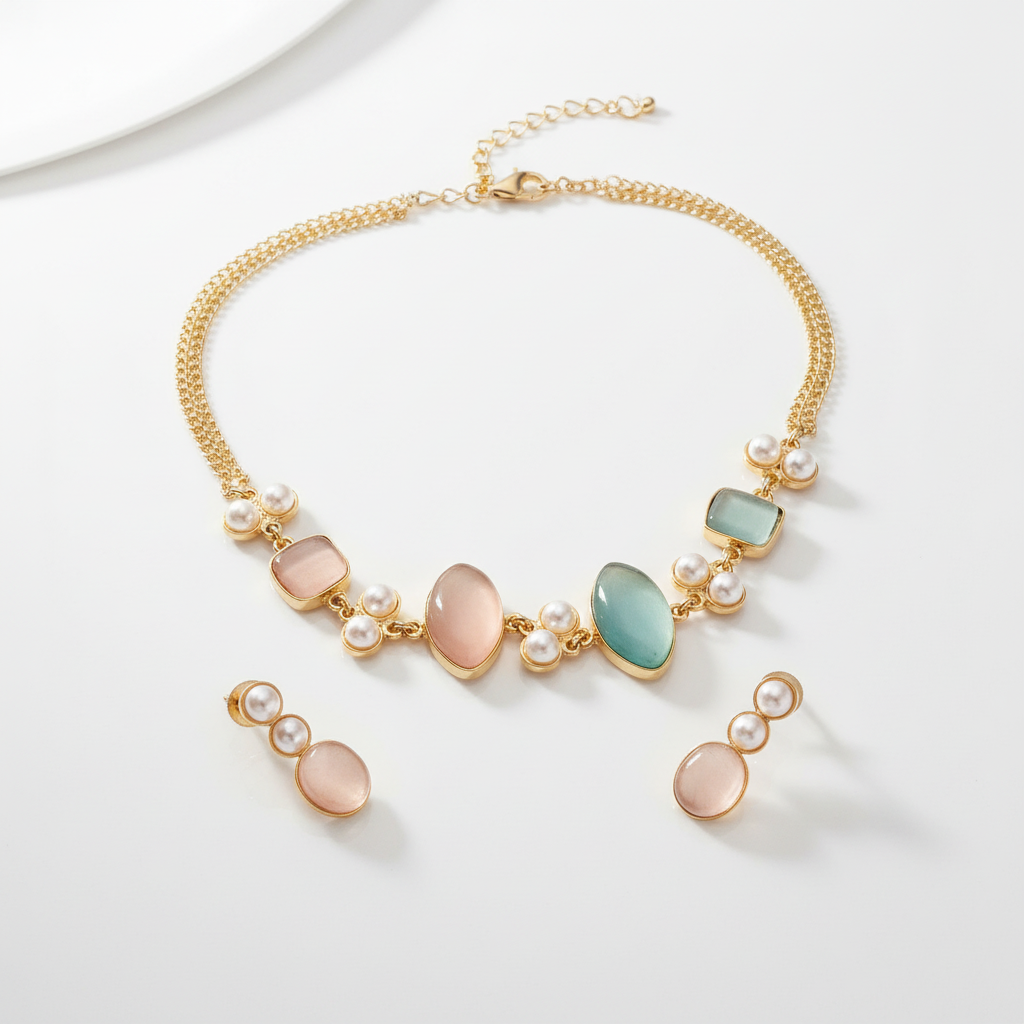 Pastel Gemstone & Pearl Gold-Tone Necklace Set