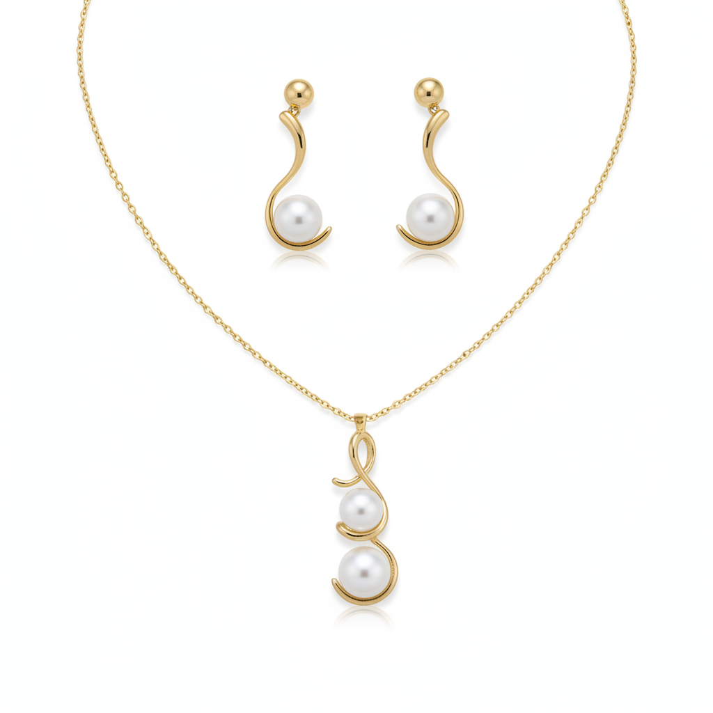 Pearl Swan Brass Pendant & Earrings Set