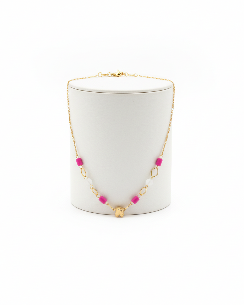 Pink Beaded Elephant Necklace – White Background