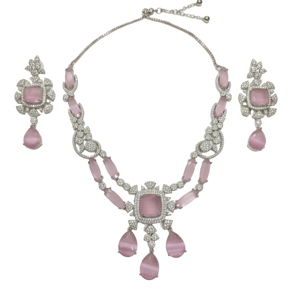 Pink Cat-Eye Silver Bridal Set - Enhanced White Background