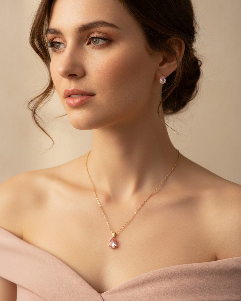Pink Teardrop Necklace Set - Lifestyle