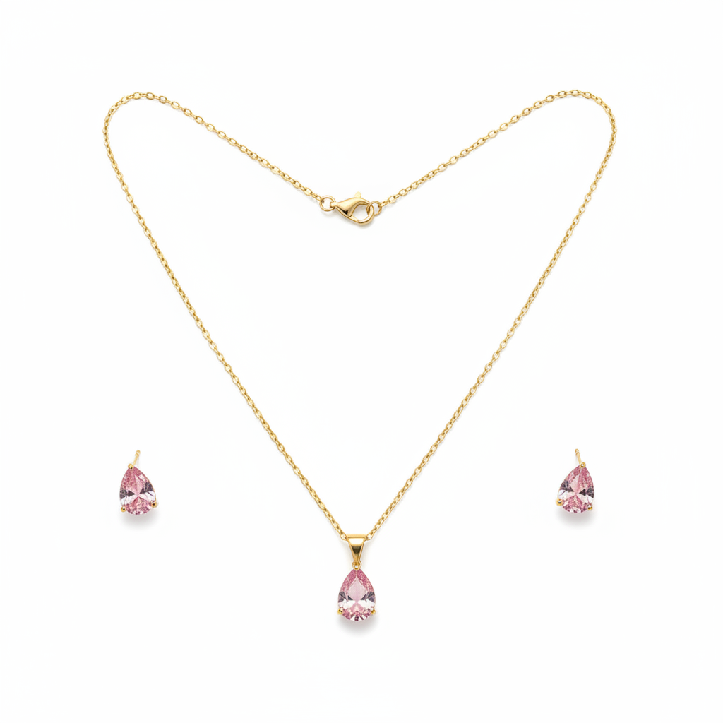Pink Teardrop Necklace Set - White Background