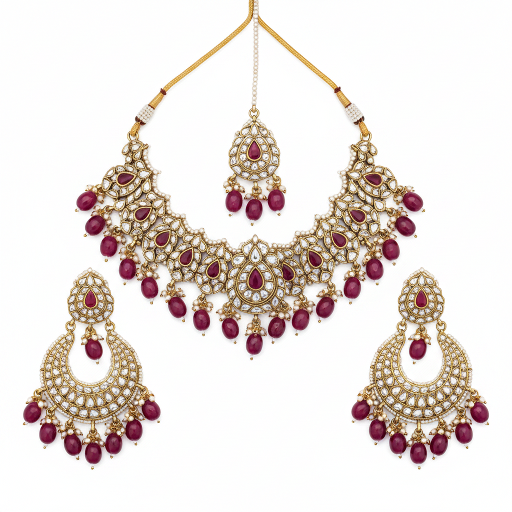 Polki Ruby Bridal Set with Maang Tikka