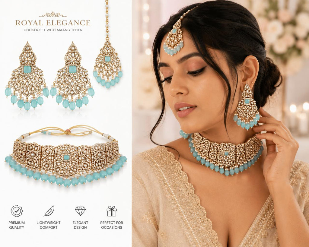 Royal Elegance Turquoise Choker Set with Maang Tikka and Earrings worn with cream lehenga