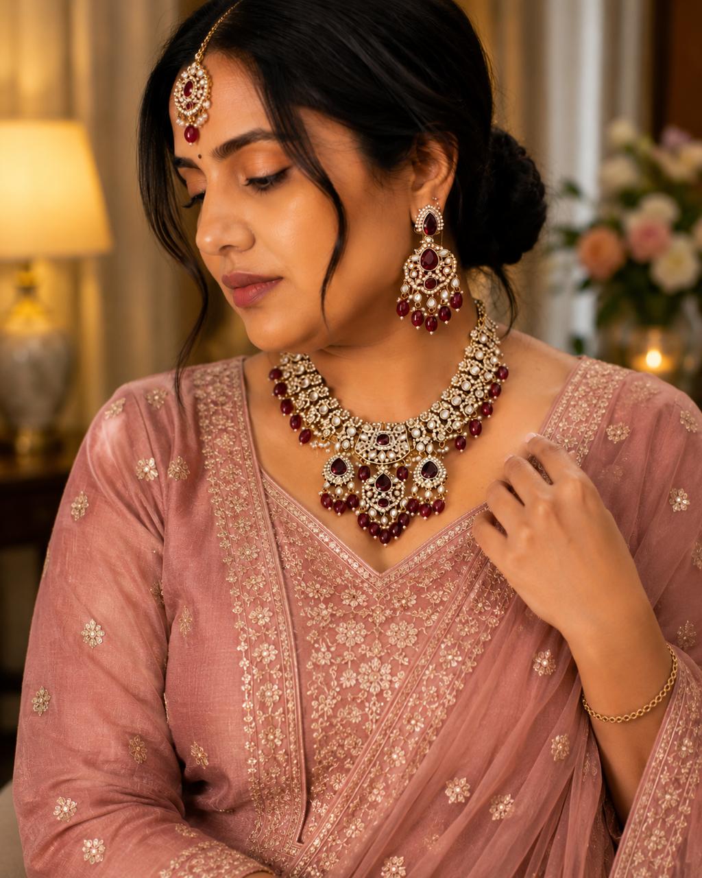 Royal Ruby Polki Necklace Earring and Maang Tikka Set worn with pink saree