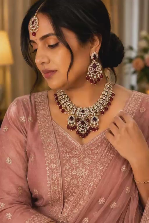 Royal Ruby Polki Necklace & Earring Set with Maang Tikka
