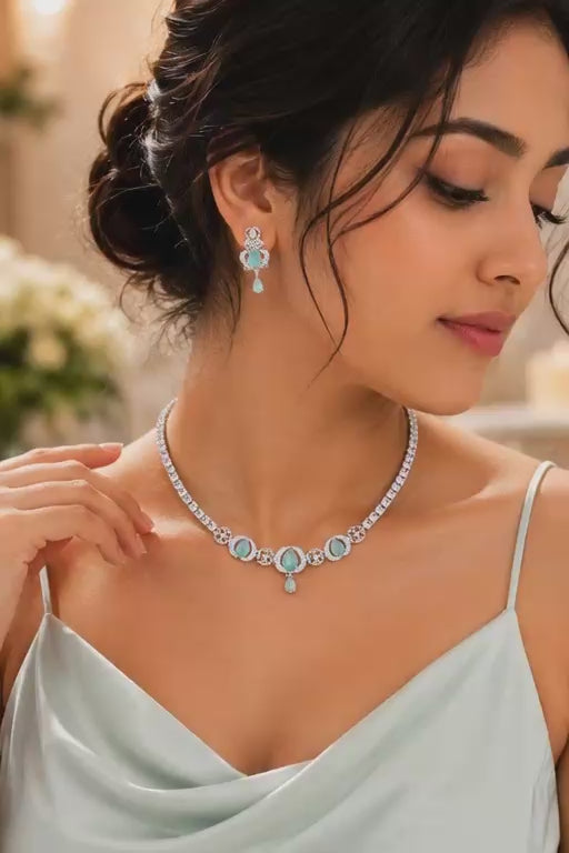 Aqua Mint American Diamond Necklace & Earring Set