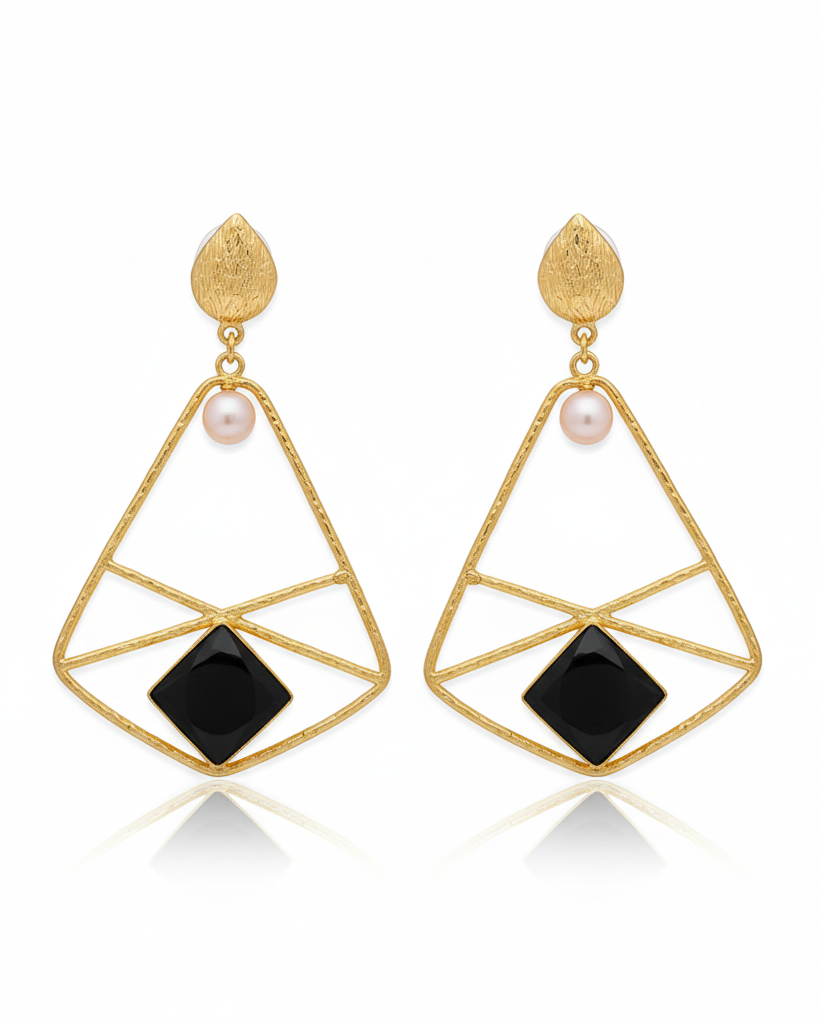 Product image of geometric gold earrings with black onyx and pearls