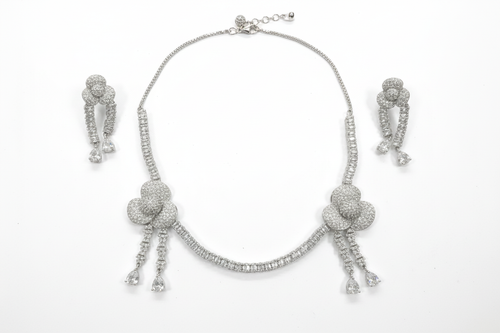 Silver AD Flower Tassel Jewelry Set - Enhanced with Clasp