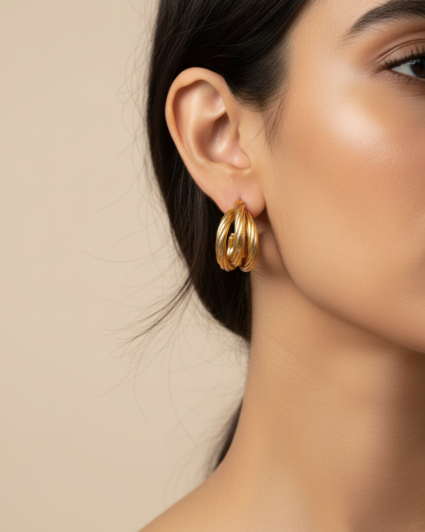 Triple Twisted Gold Hoop Earrings – Model Lifestyle